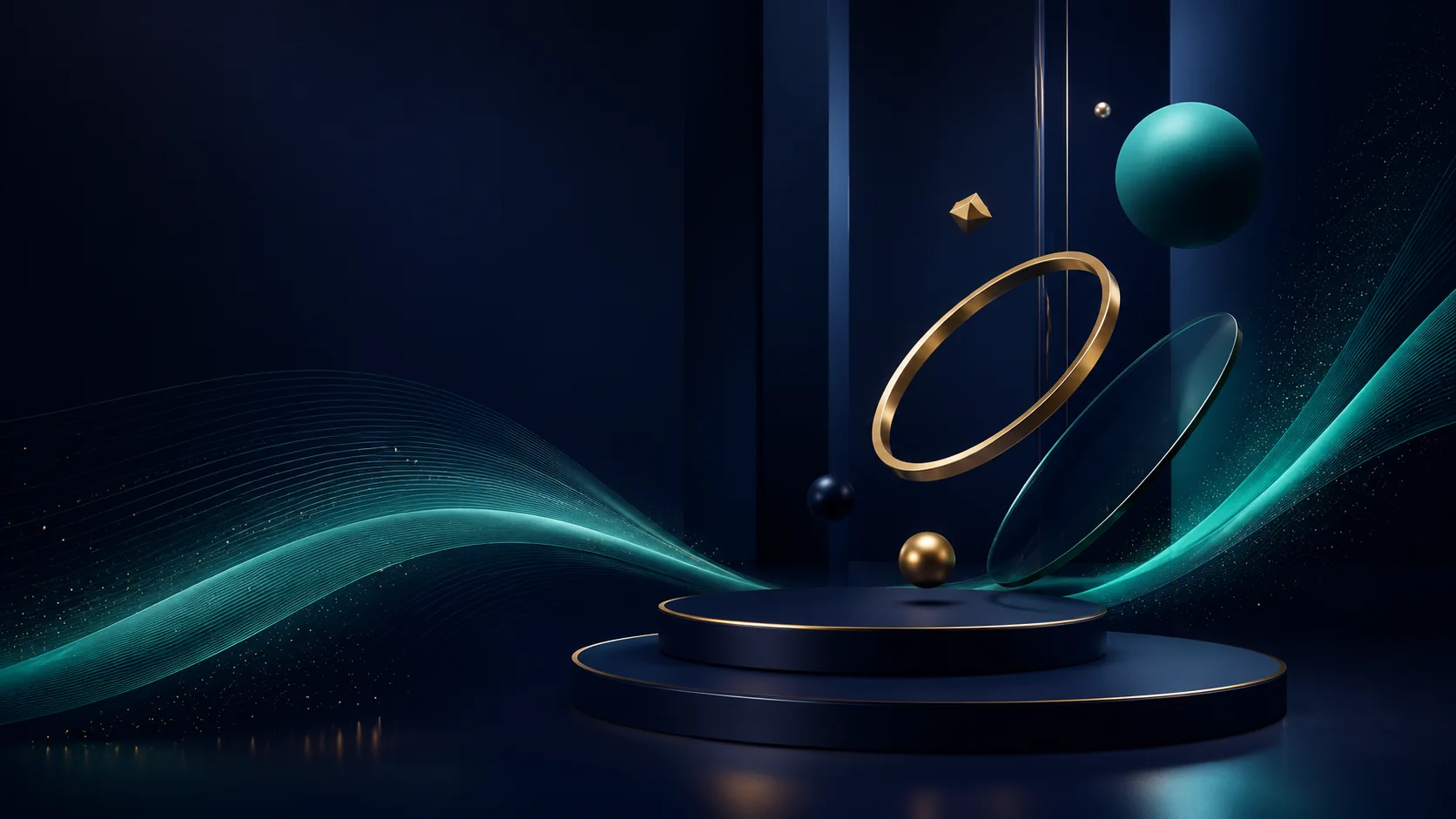 Abstract executive strategy scene with teal motion lines and gold rings